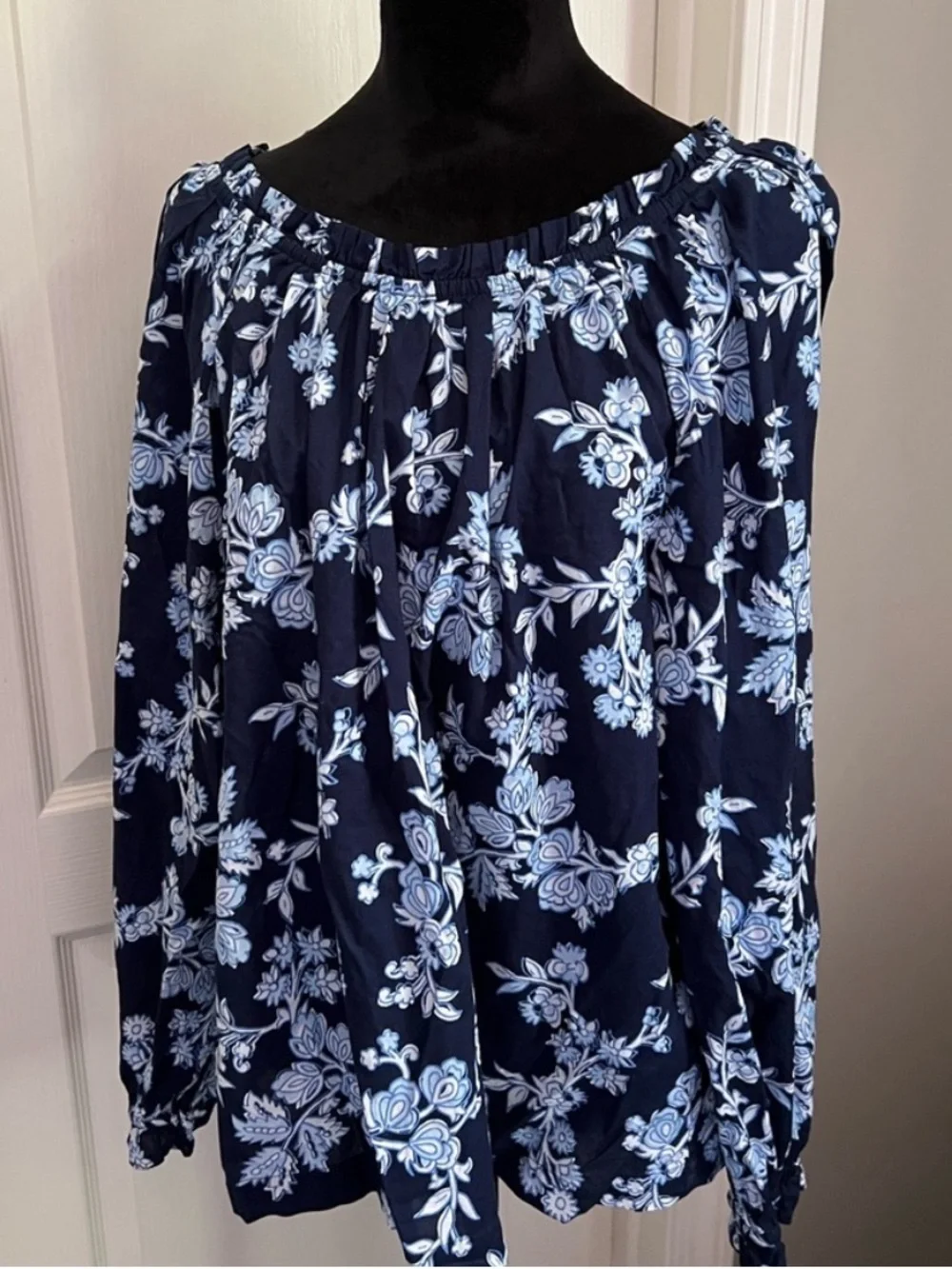 J. Crew Blue and White Puff Sleeve Blouse XL